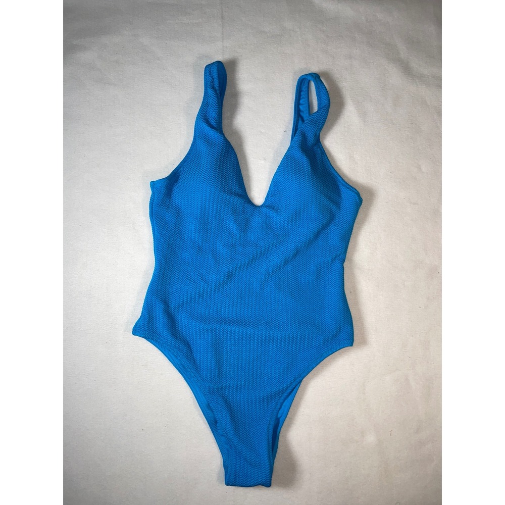 Seafolly Australia Blue Chevron Textured V-Neck One Piece Swimsuit Womens Size 8